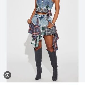 Plaid Patchwork Denim Skirt